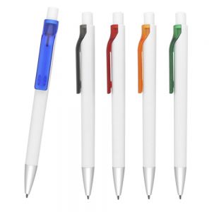 Bolígrafo de plástico con clip traslúcido, punta con detalle de color y mecanismo de click.